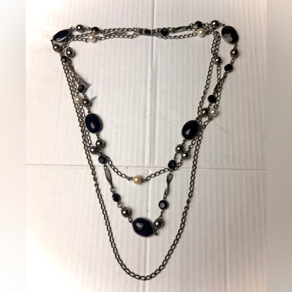 Multi Strand Chain Faux Pearl Black Stones Necklace Tiered Silver Tone